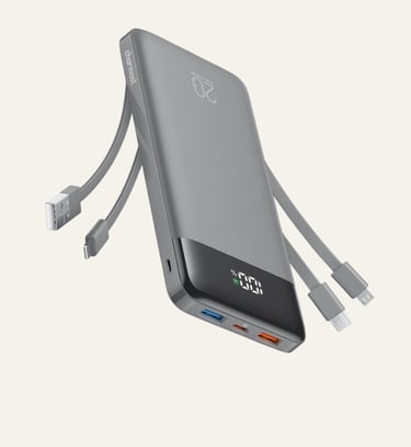 Slim grey Charmast portable power bank with built-in charging cables and digital LED battery display.