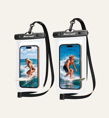 Two universal waterproof phone pouches with neck straps displaying surfing photos on smartphone screens.