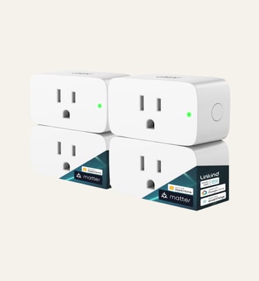 A set of four white Linkind Matter smart plugs compatible with Apple Home, Alexa, and Google Home.