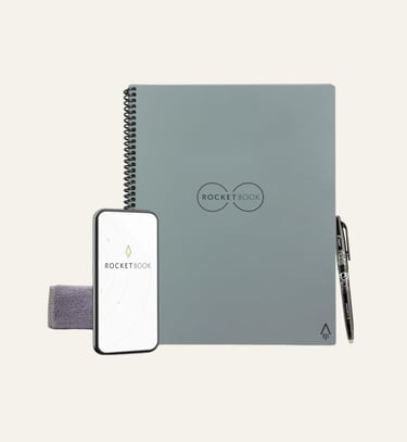 A Rocketbook Core smart notebook in gray, a digital scan of a Rocketbook app screen on a smartphone, a gray microfiber