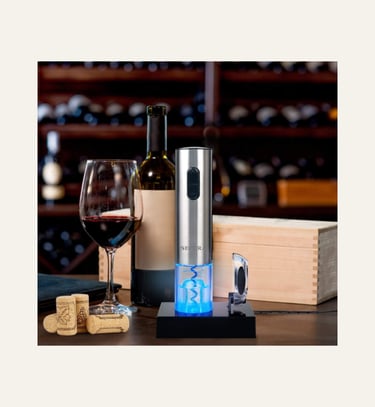 Secura Electric Wine Opener near a bottle of red wine and a glass of red wine