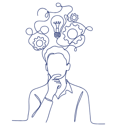silhouette avec sur la tête des engrenages et une ampoule symbolisant la réflexion