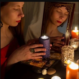 A witch preparing an altar