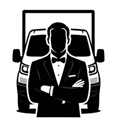 The butler and the van logo, a man in suit in front of his Luton