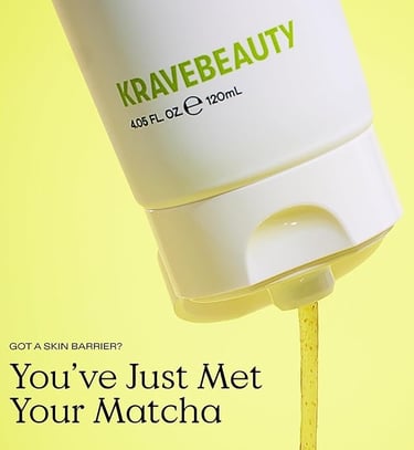 Minimalist image of Krave Beauty’s calming cleanser made with matcha and hemp seed oil, featured in 