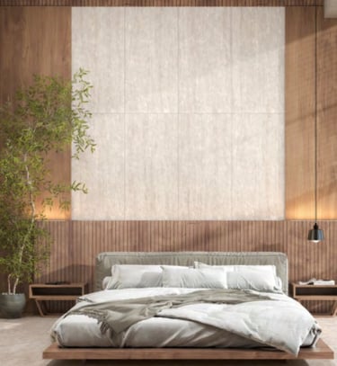 Mystical Virtue Crema, Rectified porcelain tiles, Minimalist bedroom with accent wall