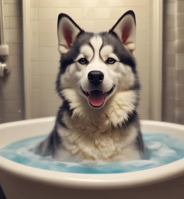 a dog sitting in a bathtub with a shower