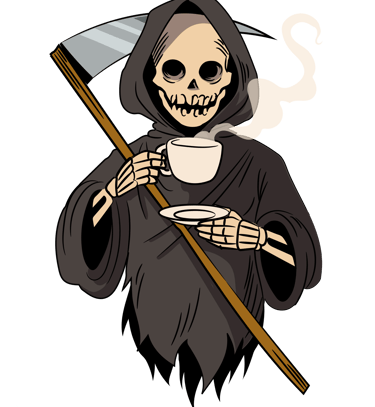 Grim Reaper skeleton character holding a scythe and drinking a steaming cup of coffee.