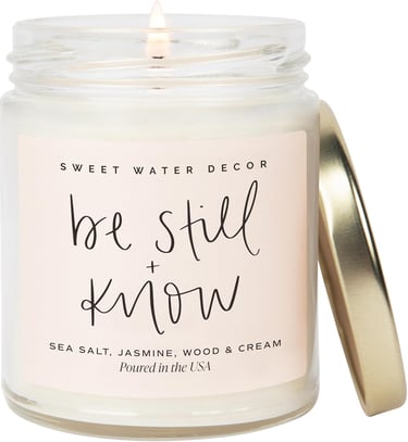 Sweet Water Decor, Be Still and Know, Sea Salt, Jasmine, Cream, and Wood Scented Soy Wax Candle for 
