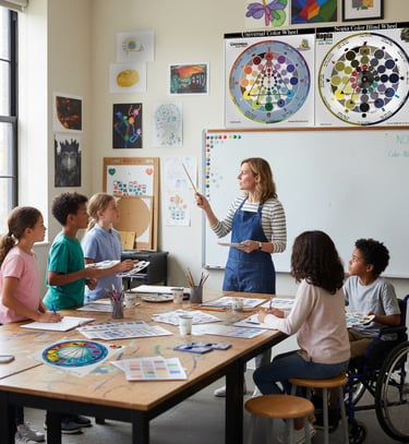 An art teacher uses a color wheel chart to teach diverse students about color theory in a classroom.