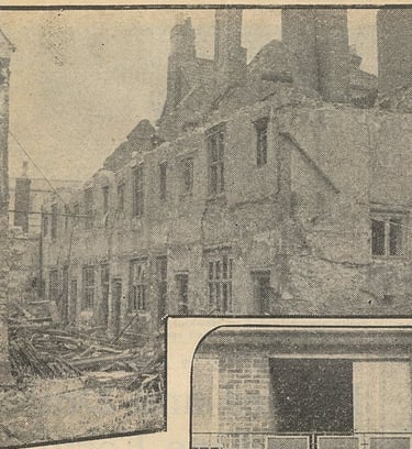 Newspaper cutting from 1959 showing the Bristol Blitz bomb damage to the Old Market Almshouses.