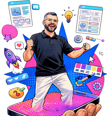 Ilustração de um designer sorridente sobre um smartphone, cercado por ícones de design digital tech