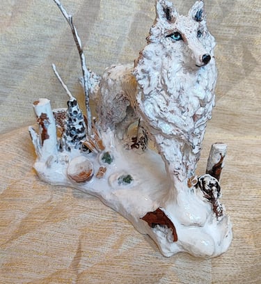 Poterie figurine animale statuette animale déco loup blanc