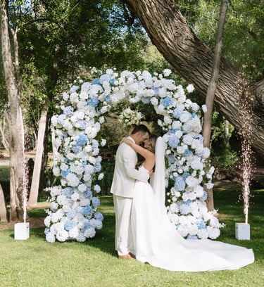 White hydrangea Blue flower arch wedding