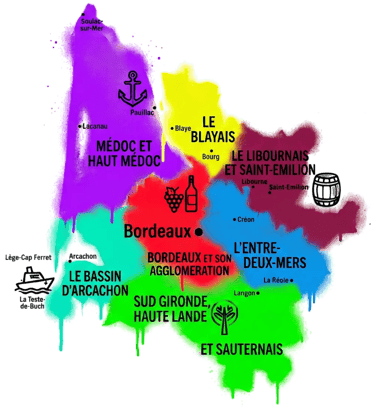 Carte de livraison bennes Bordeaux Gironde, territoires style graffiti coloré.