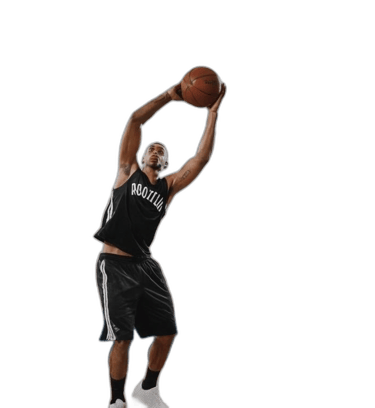 a man in a black jersey and white shoes is playing basketball