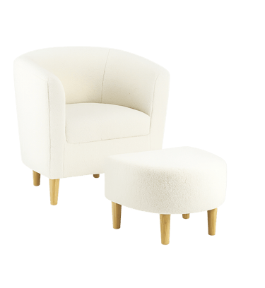 white barrel accent chair with matching ottoman and light wood legs