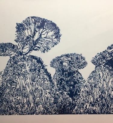 Linocut: Great Dixter peacock blue