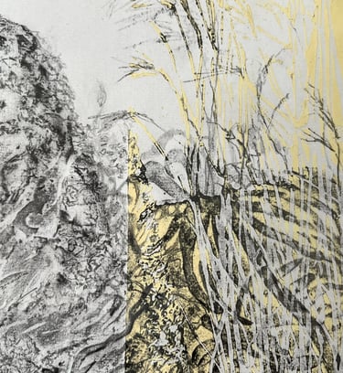 Graphite imprint and lino: Peacock Garden at Great Dixter