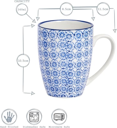a blue and white coffee mug with a blue flower pattern