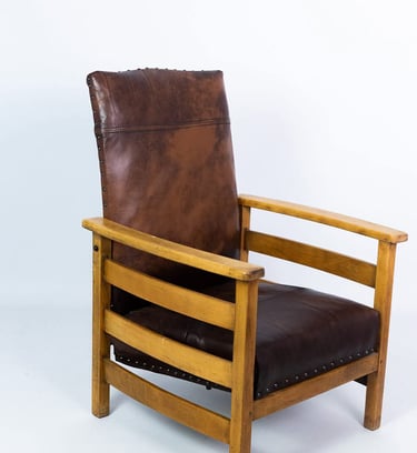 Mid-century wooden armchair with leather seat and backrest – vintage chair