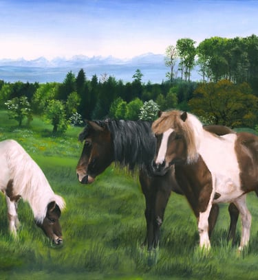 a painting of three ponies grazing in a field with varied trees and mountains