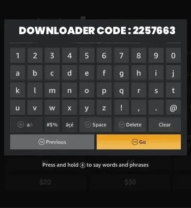A Fire TV screen displaying a Downloader app keypad with the specific Downloader code 2257663.