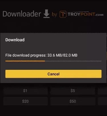 The Downloader app interface showing a file download progress bar for a 33.6 MB transfer on Firestick.