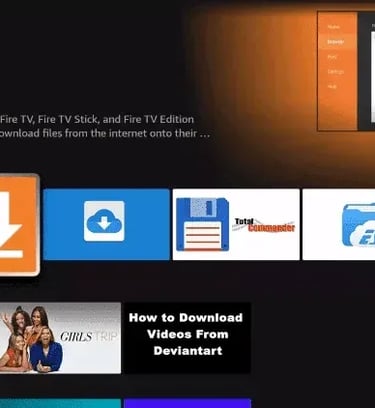 The Downloader app interface on Amazon Fire TV showing the apps and games menu for sideloading files.
