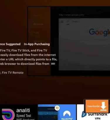 Amazon Fire TV app store interface displaying the Downloader app description and installation notification.