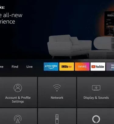 Screenshot of the Amazon Fire TV interface showing the settings menu and navigation bar.