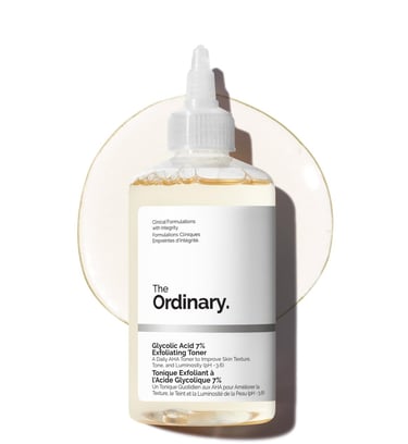 Bottle of The Ordinary Glycolic Acid 7% Exfoliating Toner for bright, smooth skin texture.