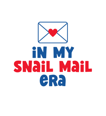 Graphic art with an envelope heart icon and text reading in my snail mail era.