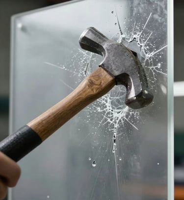 Macro shot of a high-impact hammer strike on a crystal-clear polycarbonate panel, showing localized impact marks with zero cracking, clean industrial lighting.