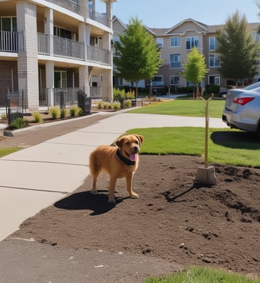 A clean yard with a happy dog playing.
