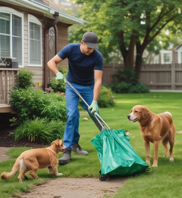 A clean yard with a happy dog playing.