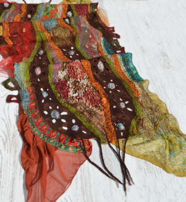 Handmade nuno felted scarf with colorful abstract wool patterns and silk textures.