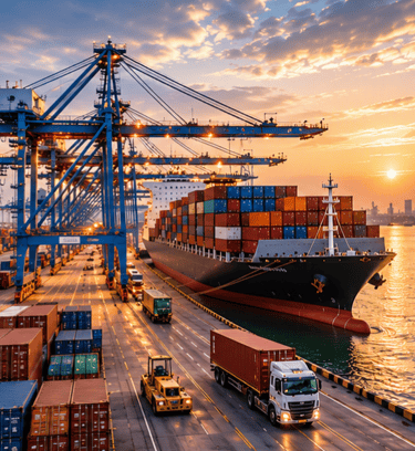 Container port with cargo ship supporting international exports