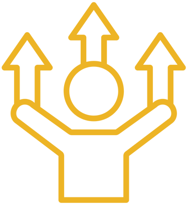 Yellow line icon of a person with three arrows pointing up representing business growth and success.