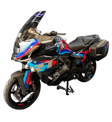 BMW touring motorcycle with custom red blue graphic wrap design