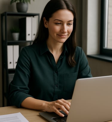Mulher empresária em reunião de escritório utilizando notebook