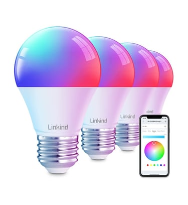 Linkind smart LED light bulbs with RGB color changing controlled by a mobile smartphone app.