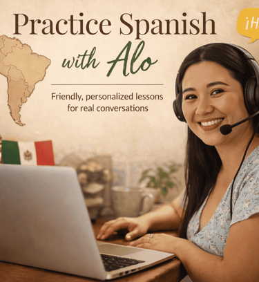smiling spanish tutor offering her spanish lessons with a computer mexican flag on the screen