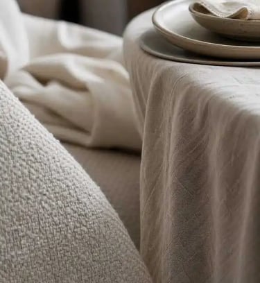 Contemporary Dining Room Textiles Close-Up – Linen, Cotton & Wool in Soft Neutral Tones