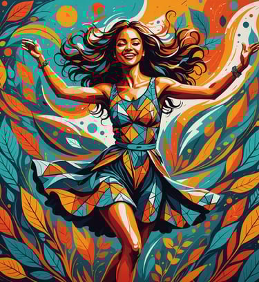 a woman in a dress with a colorful poster