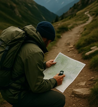 Hiker crouching on mountain trail reading a paper map for wilderness navigation