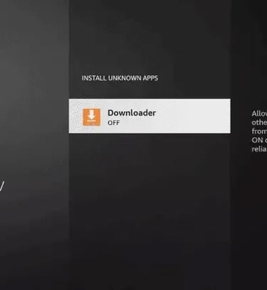 Amazon Fire TV settings screen showing the Install Unknown Apps option for the Downloader app.