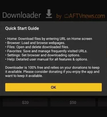 Screenshot of the Downloader app Quick Start Guide on Fire TV, showing app features and donation options.