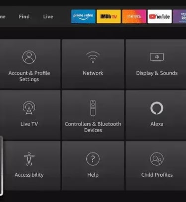 Amazon Fire TV settings menu showing icons for network, display, and Alexa smart home controls.