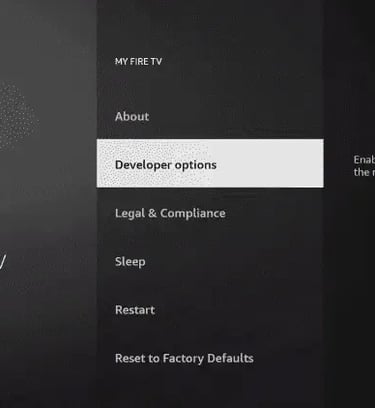 Amazon Fire TV settings menu showing the Developer options selection to enable ADB connections.